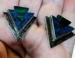 Vintage Sterling Silver Taxaco Mexico Brutalist Malachite Lapis Lazuli Earrings