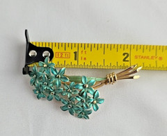 Vtg Pastelli Enamel and Goldtone Brooch Blue Teal Floral Flower Bouquet 2 inches