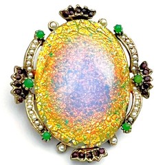 Dragons Breath Brooch Faux Garnets Seed Pearls Jade Vintage 1960s