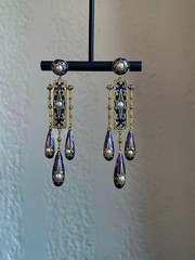 Vintage Blue Enamel Drop Earrings Pearl Gold Tone Dangle Statement Baroque