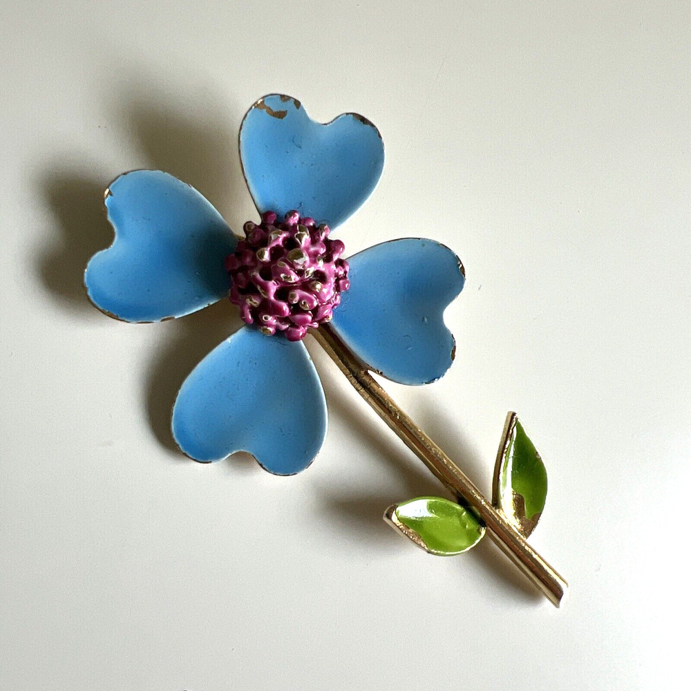 Vintage Signed ART Arthur Pepper Enamel Dogwood Branch Flower Brooch Blue Purple