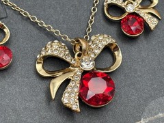 Vintage Monet 90s Gold Tone Red Crystal Bow Necklace & Earring Set in Box