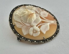 Vintage Carved Shell Rose Cameo Pin Brooch Pendant High Relief 800 Silver Frame