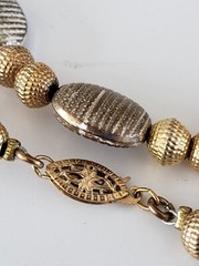 Vintage Oval Ribbed Flat Bead Frosted Silver & Gold Tone Necklace Sterling Clasp