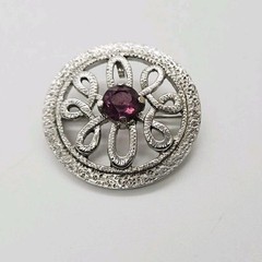 Modernist Brooch Pin Purple Crystal Silver Tone 1.5 in Textured Signed Scottland