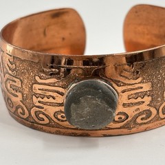 Vintage Copper Cuff Bracelet Etched Tribal Symbol Stone Cabochon Artisan Boho
