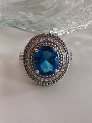 Vintage Art Deco London Blue Topaz CZ Halo Cocktail Ring Size 7 Sterling Silver