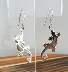 VTG 925 Gecko Lizard Earrings 1.5in Drop Sterling Silver 3gtw White MOP Inlay