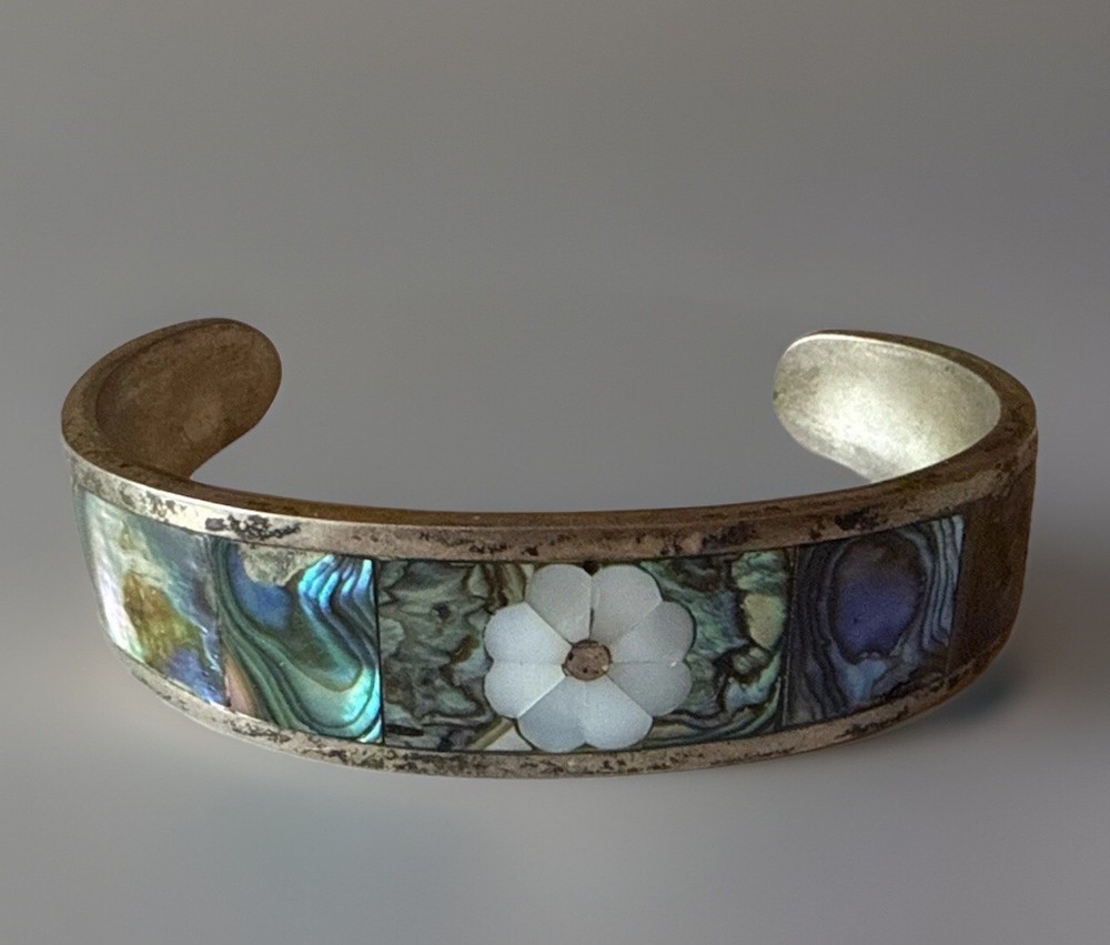 VTG Silver Bracelet Beautiful Abalone Mother of Pearl Open Cuff Mexico L@@K