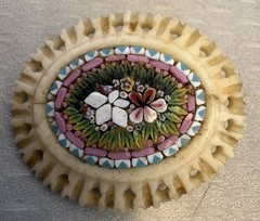 19C Antique Micro Mosaic Brooch Carved Bone Frame Italy Grand Tour missing clasp