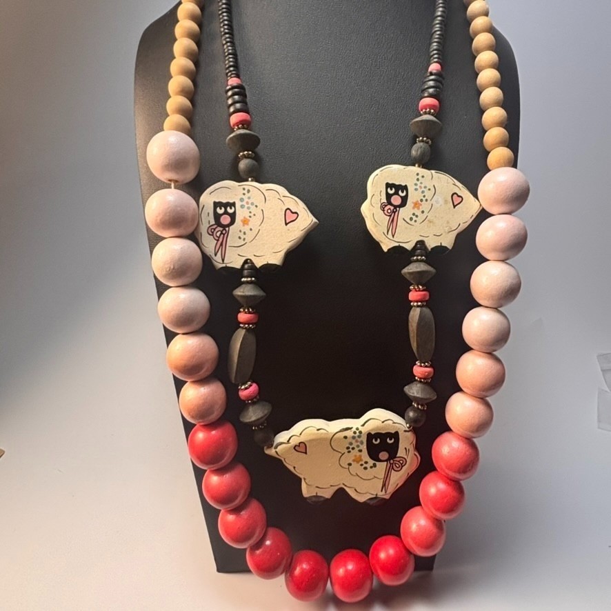 Vintage Necklace Lot Eclectic Kid Core Chunky Wood Beads Sheep Pink