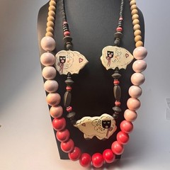 Vintage Necklace Lot Eclectic Kid Core Chunky Wood Beads Sheep Pink