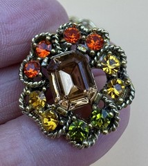 Vintage Rhinestone Clip-on Earrings Orange Green Yellow Flower Shape Judy Lee