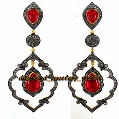Gorgeous 2.59ctw Rose Cut Diamond Ruby Studded Silver Victorian Earring Jewelry