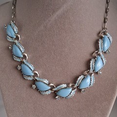 Vintage Necklace Blue Thermoset/Enamel Rhinestone Silver Tone Necklace 15”