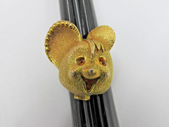 Unique Vintage Cartoon Mouse Ring Brushed Gold Tone Rhinestone Eyes Size 5