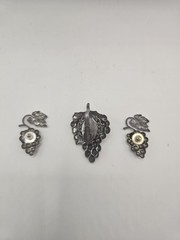 Vintage unmarked silver plate grapes pendant and earrings spoon handle back 2 in