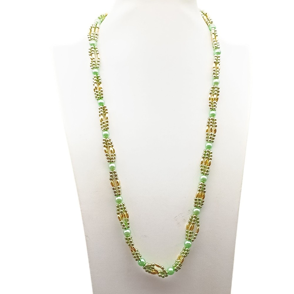 Green & Gold Beaded Multi-Strand Vintage Necklace Hong Kong Long Multi-Strand