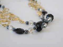 New Sterling Silver 925 Gold Over Black Stone Chunky Statement Necklace 36″