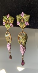 Vintage Grape Clips Earrings By Banana Bob Brass Alloy Enamel Crystals Dangling