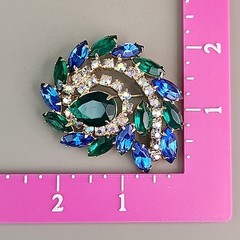 Vintage Rhinestone Brooch Blue Green AB Swirl Gold Tone 2.25″