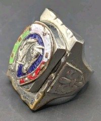 Vtg MCM Mexico Horse Head Horseshoe Ring Green White Red Blue Enamel Biker Ring
