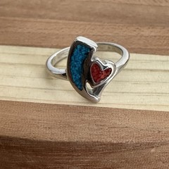 Vintage Southwestern Style Heart Ring Size 5 Turquoise Coral Inlay Silver Tone