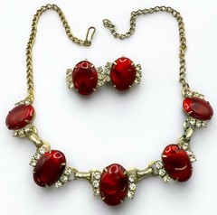 Vintage Satin Plastic Cabochons Rhinestones Necklace Earrings Set