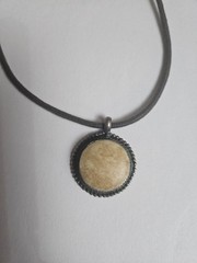 Vintage Black Leather Cord Necklace with Round Beige Stone Pendant.