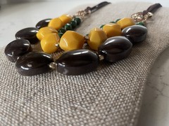 Chunky Vintage Boho Geometric Bead Cord Necklace Green Brown Yellow Statement