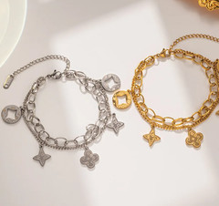 Vintage Stainless Steel Double Layer Bracelet 18K Gold Plated Monogram Pattern