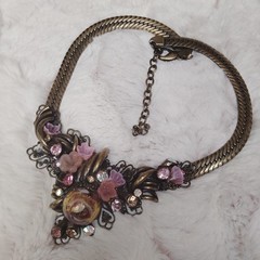 Vintage Steampunk Garden Party Glass Crystal Bronze Necklace Earrings