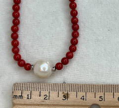 Red Coral Bead PEARL Rhodium Over Silver Necklace 18″ NEW