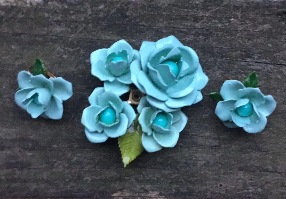 Vintage Enamel Rose Brooch & Earrings Set