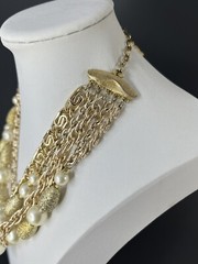 Vtg Francois Coro Bib Necklace Gold Tone Multi Chain Faux Pearl Cascade Chunky