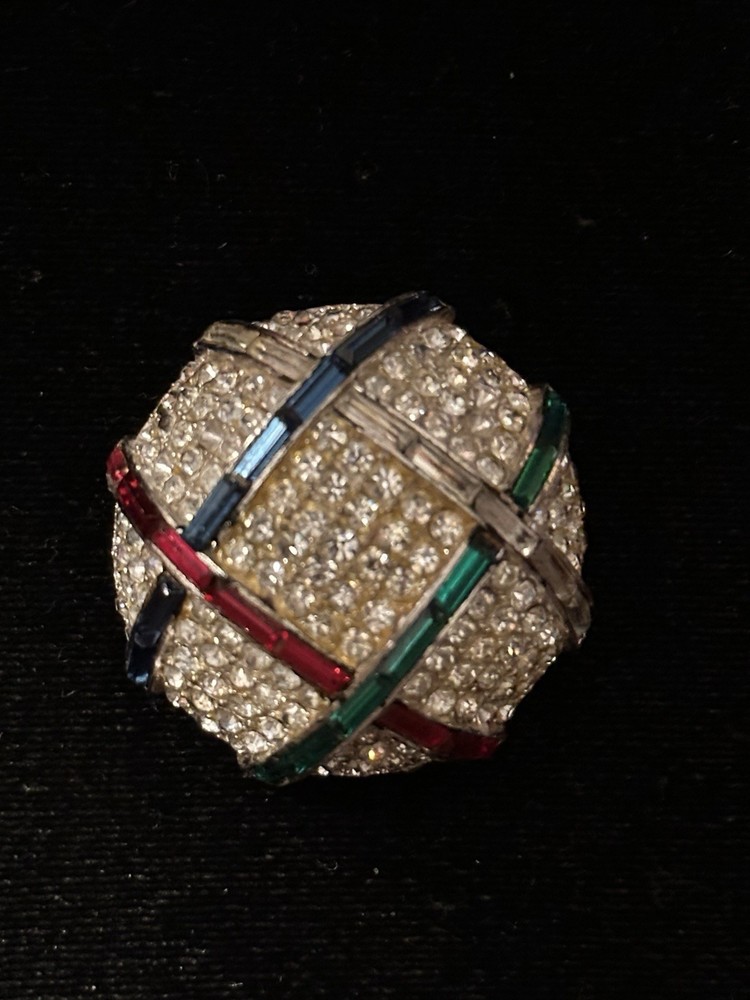 Vintage Castlecliff Brooch Rhinestone Dome Gem Color Baguettes Red Blue Green