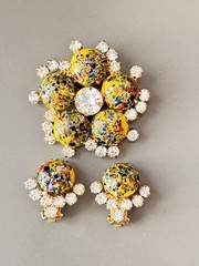 Vintage Verified JULIANA Millefiori Brooch & Earring Set, Yellow Harlequin Multi