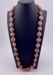 VTG MCM Handblown 24K Aventurine Pink Venetian Art Glass Beaded Necklace, Italy.