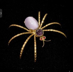 Vintage Czech Spider Brooch Gold Cats Eye Glass Cabochon Purple Rhinestone