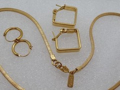 Signed MONET Square Snake Chain Necklace & Square Hoop & Small Hoop Earrings Lot