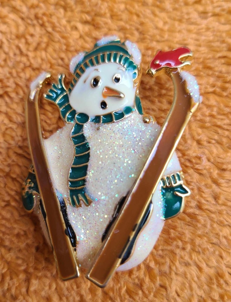 Snowman Brooch On Skis Red Bird Cardinal Pin Enameled Gold Toned Tumbling Fallin