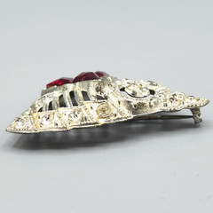 Art Deco Red Art Glass Crystal Accent Pot Metal Silver Tone Dress Clip Brooch