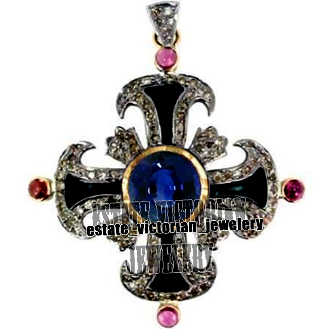 2.50ctw Rose Cut Diamond Gemstone Enamel Victorian Silver Cross Pendant Jewelry