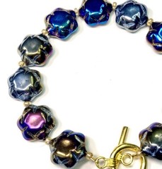 Artisan Toggle Bracelet Molded Glass Flower Black Iridescent Oil Slick AB 8.5 in