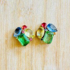 VTG Pastel Matching Set Brooch Pin Earrings Necklace Rhinestone Colorful 50s
