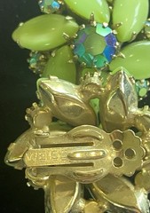 VTG Signed WEISS Flower Earrings Green Glass & Aurora Borialis Rhinestones