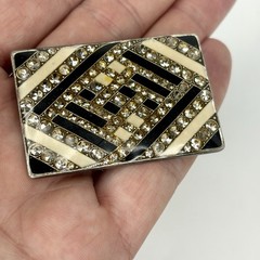Vtg Pierre Bex Art Deco Geometric Rhinestone Enamel Brooch Trombone Clasp