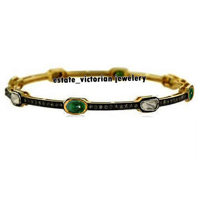 Vintage 1.91ctw Rose Antique Cut Diamond Emerald Silver Bracelet Bangle Jewelry