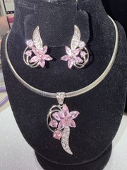 Vintage Silver Tone Choker And Earrings With Pink Rhinestones