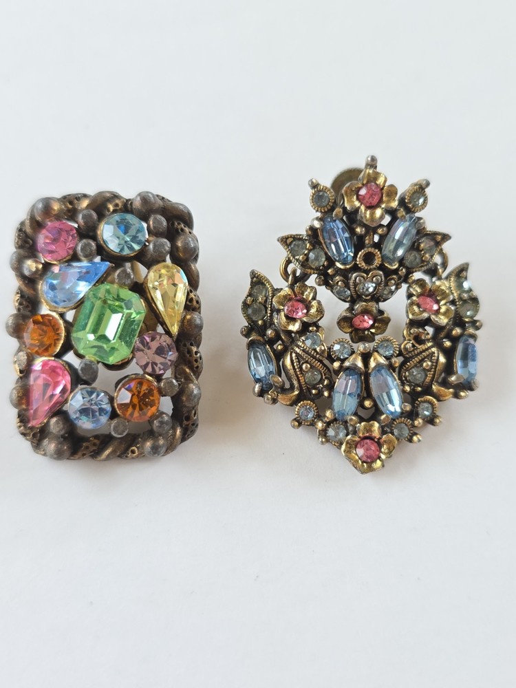 Vtg 50s Signed Hollycraft Multi color Rhinestone 2 Single Earrings Clip On